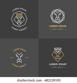 Vector hipster style logos, badges. Elegant lion emblem, label collection. Trendy animal logo set. Lion and diamond line geometric icons.