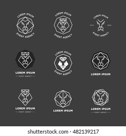 Vector hipster style logos, badges. Elegant lion emblem, label collection. Trendy animal logo set. Lion and diamond line geometric icons.