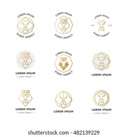 Vector hipster style logos, badges. Elegant lion emblem, label collection. Trendy animal logo set. Lion and diamond line geometric icons.