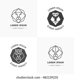 Vector hipster style logos, badges. Elegant lion emblem, label collection. Trendy animal logo set. Lion and diamond line geometric icons.