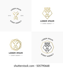 Vector hipster style logos, badges. Elegant lion emblem, label collection. Trendy animal logo set. Lion and diamond line geometric icons.