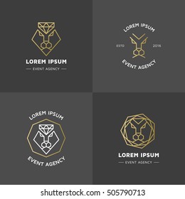 Vector hipster style logos, badges. Elegant lion emblem, label collection. Trendy animal logo set. Lion and diamond line geometric icons.