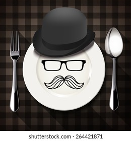 Vector of Hipster style on white plate with spoon and fork. 