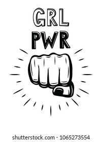Vector hipster style poster of woman's fist. "Girls power" lettering with logo design elements