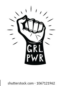 Vector hipster style poster of woman's fist. "Girls power" lettering with logo design elements isolated from white background