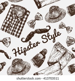 Vector Hipster Style Set #3. Hipster accessories in retro sepia style on white background. Seamless pattern.