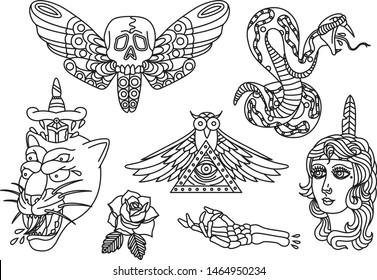 Vector hipster tattoo elements. Skull moth, snake, 4 eyed panther, rose, owl with third eye, skeleton hand, native woman.