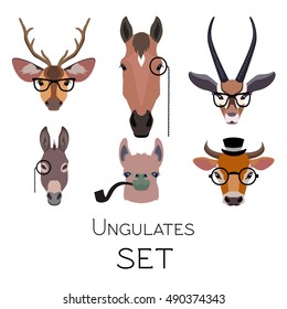 Vector hipster ungulates wearing monocle glasses or tobacco pipe cloven hoofed animals set. Lama deer antelope donkey horse isolated Poster banner print advertisement design element Flat cartoon style