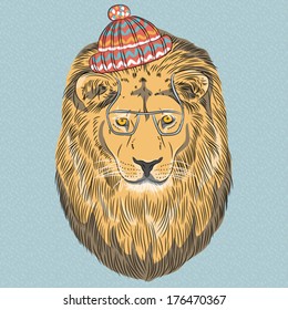 Vector hipster wild big cat lion a red striped hat and glasses