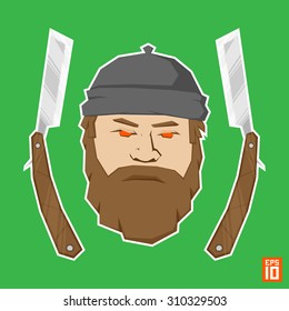 Vector hipster's face with beard and sharp razors. Good illustration for barber shop.
