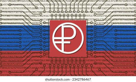 Vector hi-tech poster. Digital ruble symbol. The flag of the Russian Federation, a computer chip and a lot of pixelated numbers.