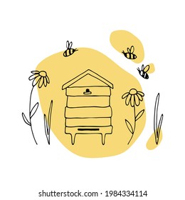 Colmena vectorial, abejas, flores. Ilustración lineal a mano con un punto brillante es perfecta para el diseño de miel, identidad de marca de apicultor, logotipo floral, icono, etiqueta, postal, afiche