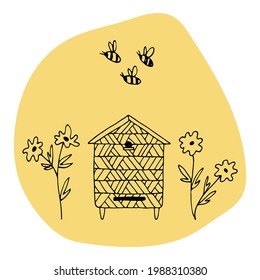 Colmena vectorial, abejas, flores. Ilustración lineal a mano con un punto brillante es perfecta para el diseño de miel, identidad de marca de apicultor, logotipo floral, icono, etiqueta, postal, afiche