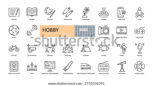 Vector hobby icons. Editable Stroke. Hobbies for\
children and adults at home and outdoors. Sports, diving, dancing,\
reading, drawing, music and singing, collecting, chess, astronomy,\
photo and video