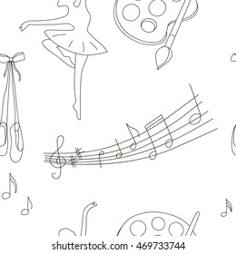 Vector hobby seamless pattern with notes, dancer, brush and palette.