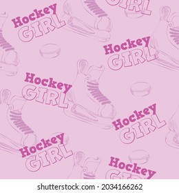 Vector of hockey girl text inpurple, with ice skates and pucks on lilac background. graphic decor print design, sport concept digitally generated image.