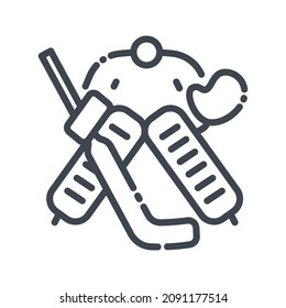 Vector hockey goalkeeper with stick and helmet equipment line icon isolated on transparent background