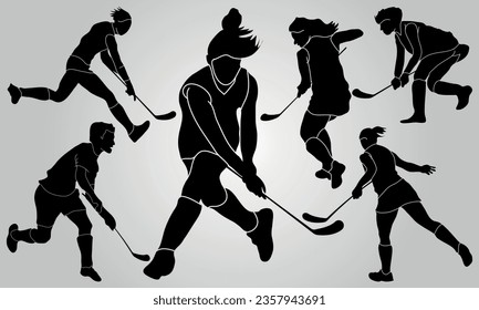 Vector hockey player stick field set of silhouettes hockey, player,