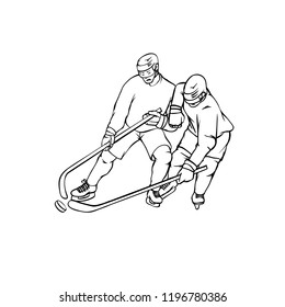 Vector hockey players in sports uniform. Vintage sportsmans motion with hockey stick. Black white outline illustration.