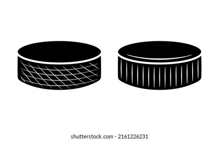 Vector Hockey pucks icons isolated on white background. Vintage hockey puck set. Design elements for logo, poster, emblem. Sport icons. Vector illustration