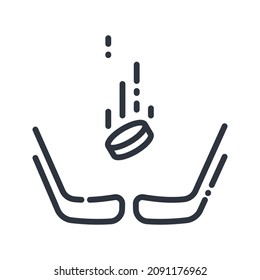 Vector hockey stick and puck equipment line icon isolated on transparent background