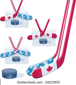 Vector hockey sticks in USA and Canada flag colors and puck