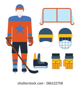 Vector hockey uniform and accessory in flat style.