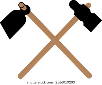 Vector of Hoe, Spade and Hammer Tools Equipment with wooden handle on white background Vector illustration. hammer vector illustration. Vector stock illustration isolated on a white background.