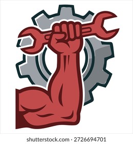 Vektorgrafik mit Armschlüssel mit Zahnradhintergrund. Skalierbares Design, geeignet für verschiedene Anwendungen. Skalierbares Vektorformat geeignet für Print und digitale Medien.