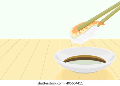 vector of holding shrimp sushi roll with chopsticks and shoyu sauce on the backdrop of wooden planks.