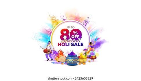 Vector Holi, festival Sale, website banner, shopping offer, discount deal and promotional advertising background design. Colorful Holi color splash with Flat 80% off text.