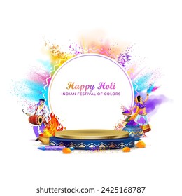 Vector Holi poster design with podium, product display studio pedestal stage. Happy Holi Indian festival of colors Text. People playing with colorful colour splash, Fun party and dance background.