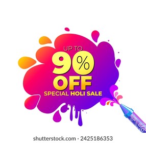 Vector Holi Sale shopping discount and promotional offer Logo poster design. Colorful Holi color splash with 90% off text design for Retail sales and deals background.