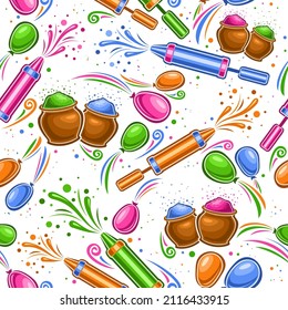 Vector Holi Seamless Pattern, square repeating background with cut out illustrations of traditional holi symbols, vivid gulal powder in bowls, colorful balloons for holi festival on white background