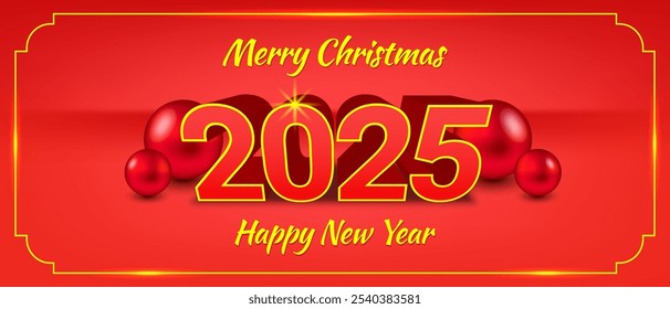 Vector holiday 3D banner. Merry Christmas and Happy New Year 2025. Greetings flyer. Red balls and gold glow frame. Festive postcard.
