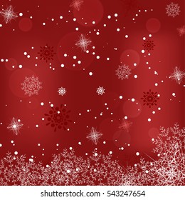 Vector holiday abstract red background with snowfall, radiance and snowflakes.