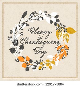 vector holiday autumn cards template wit handwriting happy thanksgiving day and leaf wreath. design for gift cards, backgrounds, print