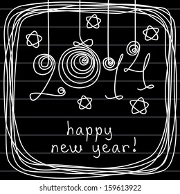 Vector holiday background with balls, stars, frame of doodles. Festive illustration in childish hand drawn sketch style with handwritten lettering - 2014 happy new year! Decorative card on black board