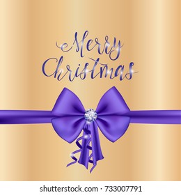 Vector holiday background, beautiful blue bow-knot with gem stone and ribbon. Lettering "Merry Christmas".