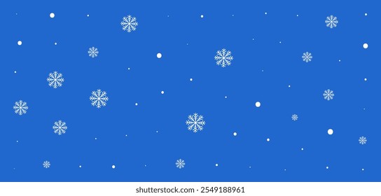 Fondo de vacaciones de Vector con nieve de invierno azul y patrón de copo de nieve blanco. Ilustración de cielo frío.