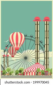 Vector holiday background with carnival and amusement park against the sky