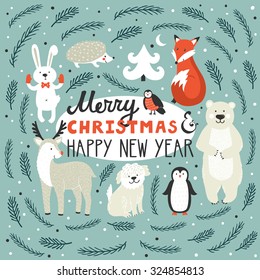 Vector holiday background with cute animals: fox, deer, penguin, rabbit, polar bear, urchin, dog, bullfinch. Christmas card with hand written text Merry Christmas and happy New Year. Winter background