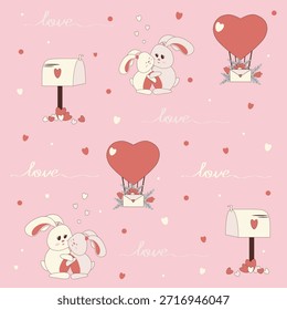 Fondo de vacaciones de Vector con conejitos lindos, globos en forma de corazón y buzones. Delicado patrón rosa para papel de regalo, textiles y saludos de San Valentín.