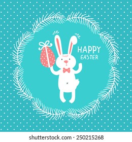 Vector holiday background with cute bunny, egg, wreath from branches and text "Happy Easter". Bright card with smiling cartoon character on dotted background.