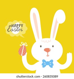 Vector holiday background with cute bunny, egg and text "Happy Easter". Bright card with smiling cartoon rabbit. Childish background.