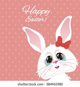 Vector holiday background with cute bunny, text "Happy Easter". Bright card with smiling cartoon rabbit. Childish background.
