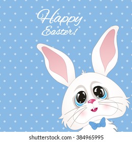 Vector holiday background with cute bunny, text "Happy Easter". Bright card with smiling cartoon rabbit. Childish background.