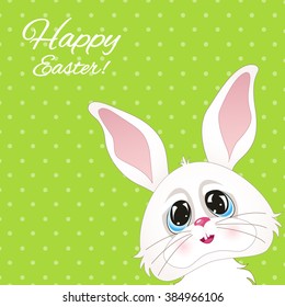 Vector holiday background with cute bunny, text "Happy Easter". Bright card with smiling cartoon rabbit. Childish background.