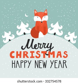 Vector holiday background with cute fox, Christmas trees, night sky, moon. Christmas card with hand written text Merry Christmas and happy New Year. Childish winter background.