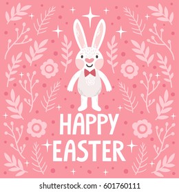 Vector holiday background with cute rabbit, floral elements and text "Happy Easter". Beautiful pink poster with cartoon character.